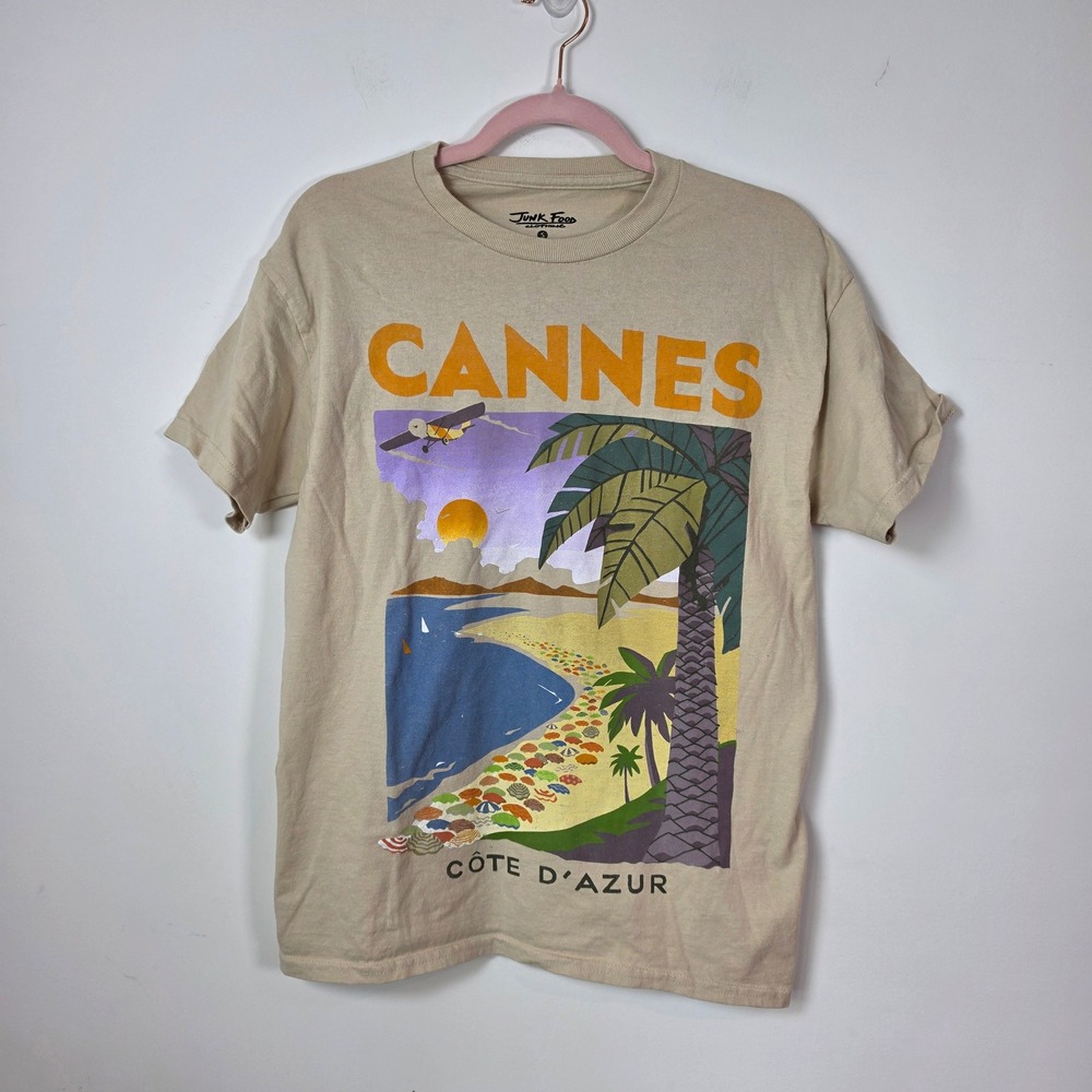 Junk Food Clothing Cannes Cote d'Azur Graphic T-Shirt Sand Beige Small NWT